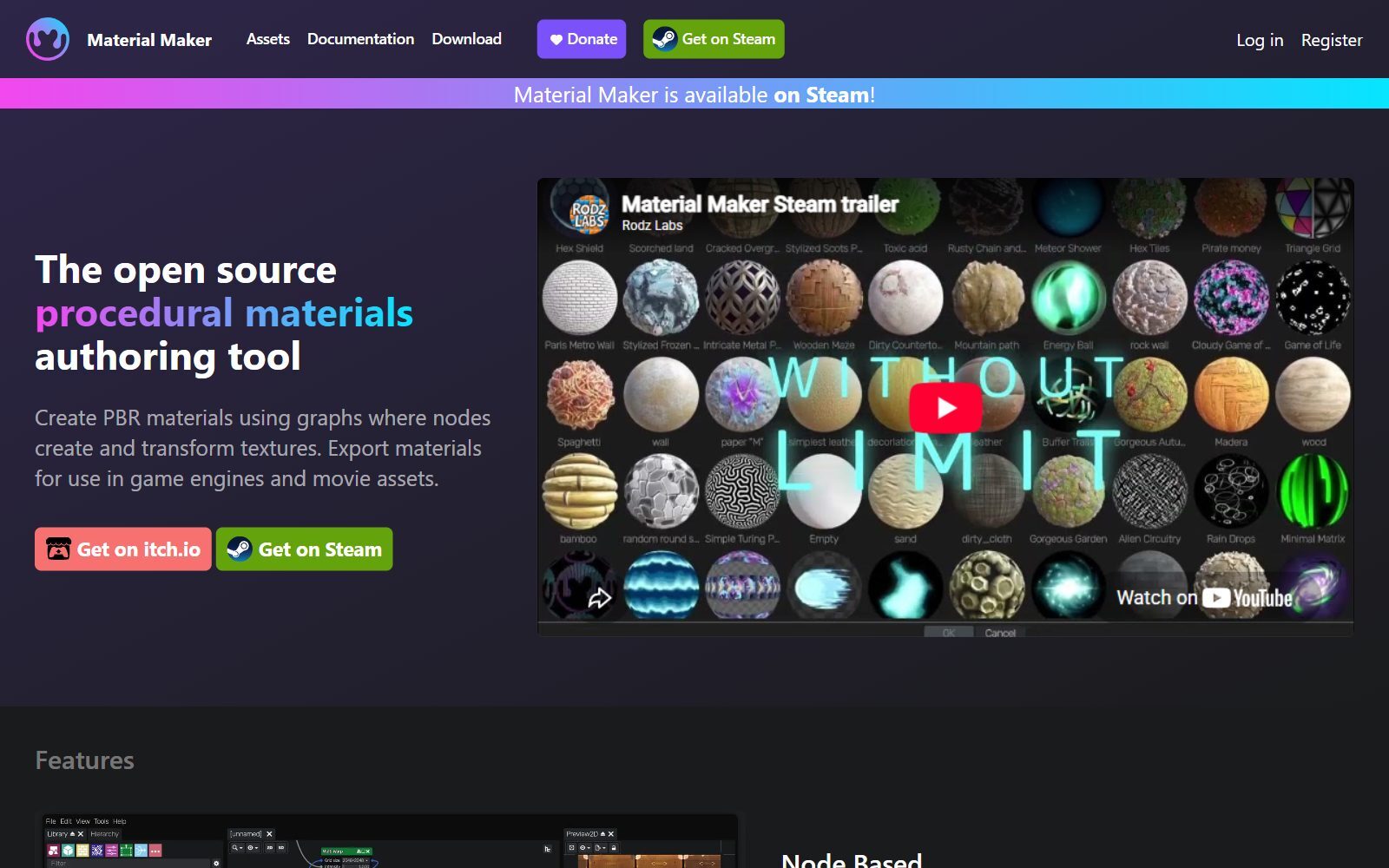 Material Maker homepage: the open source procedural materials authoring tool (October 2026)