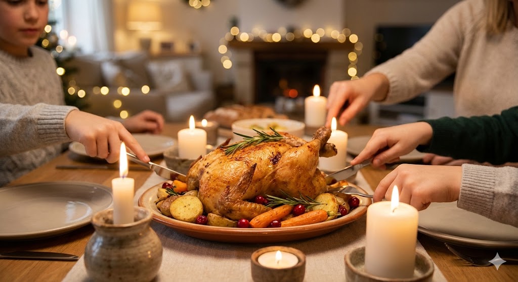 Праздничный семейный ужин с запеченной курицей на столе 