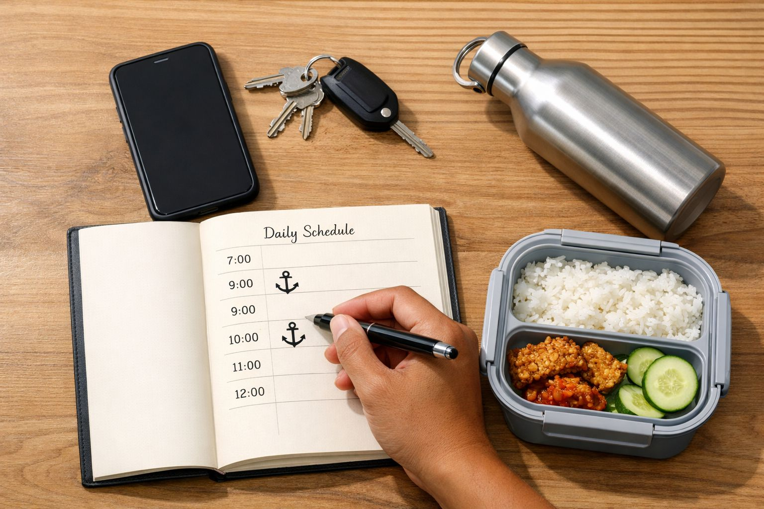 Contoh anchor harian untuk time blocking pemula dengan jadwal pagi, perlengkapan kerja, makan siang, dan rutinitas harian