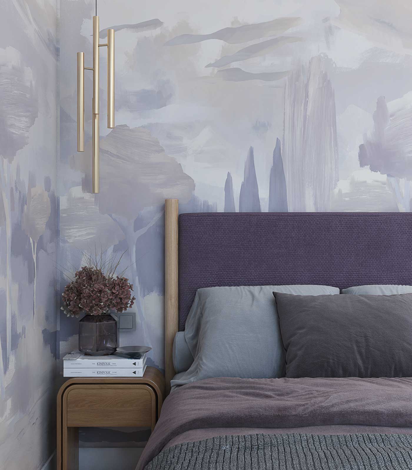 Сиреневое изголовье кровать и прикроватный столик из дерева. 