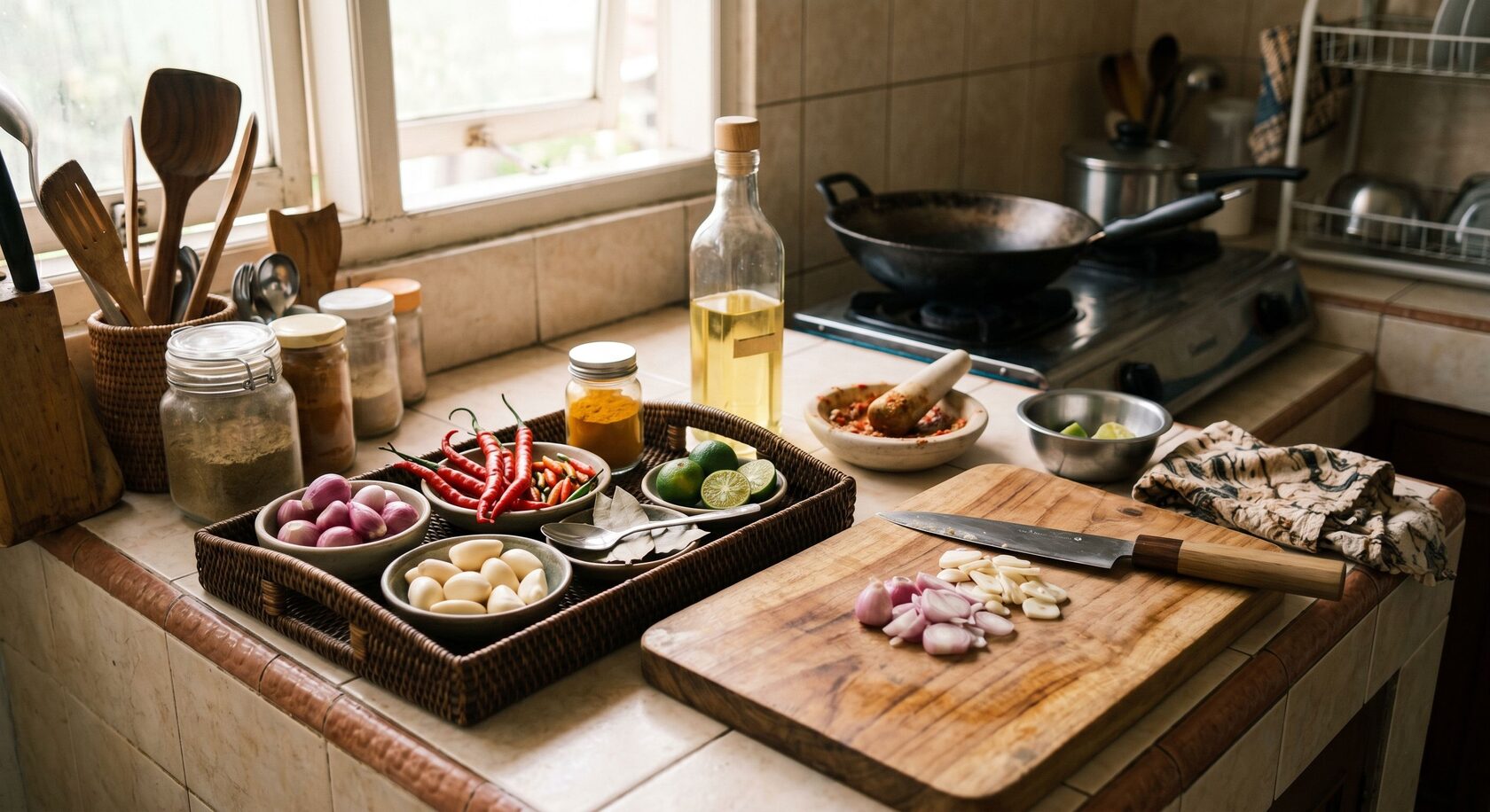 Meja dapur kecil rapi dengan bumbu harian dalam satu tray