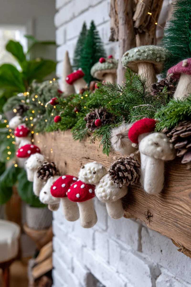 причудливая гирлянда с шерстяными грибами и лесными сосновыми шишками 1