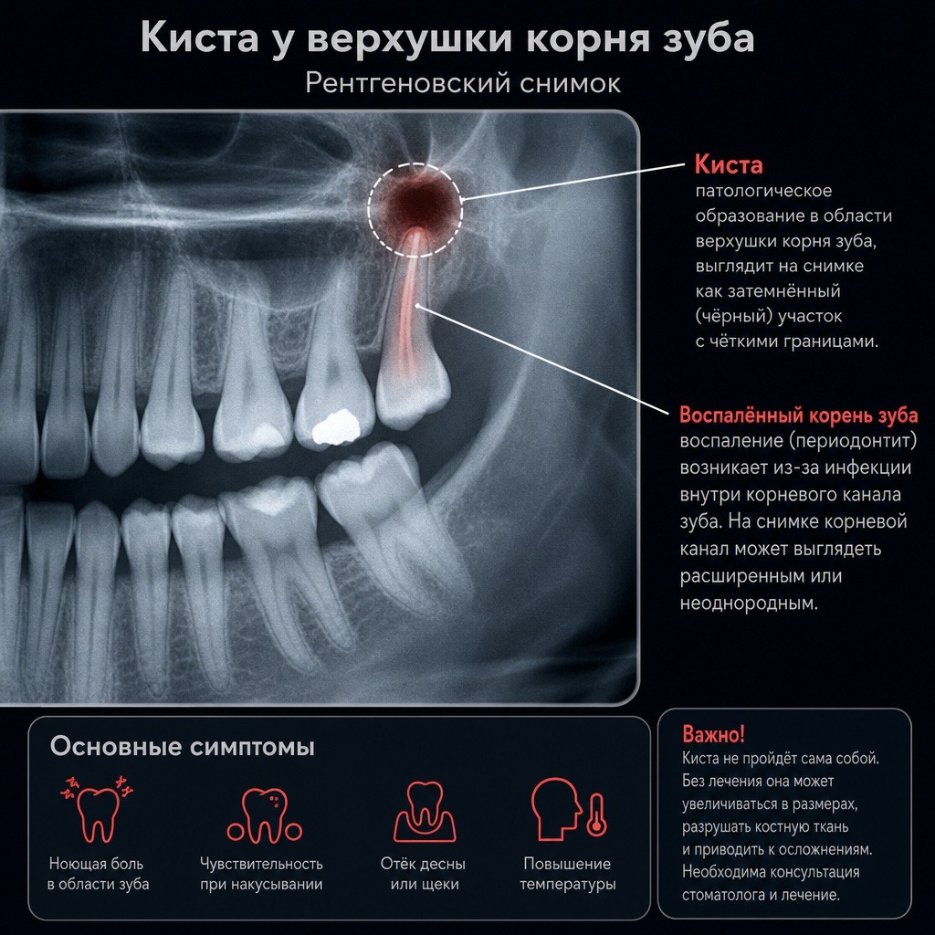 рентгеновский снимок челюсти с воспалённым корнем зуба и кистой у верхушки корня