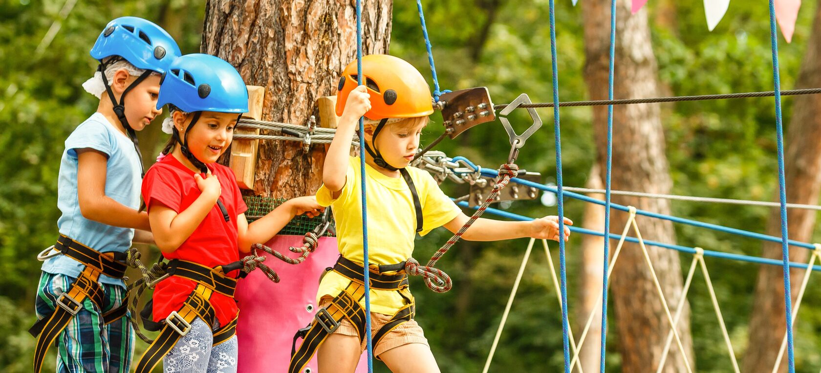 3 girls at an outdoor activity centre doing high ropes and climbing through trees