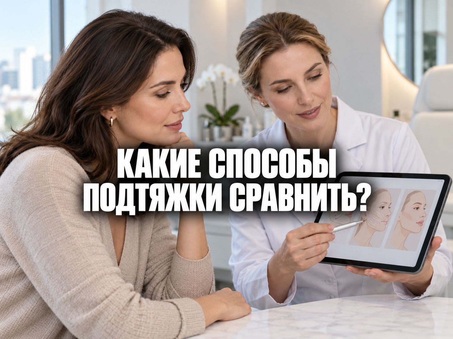 Специалист и клиентка сравнивают варианты на планшете; на обложке вопрос «Какие способы подтяжки сравнить?».
