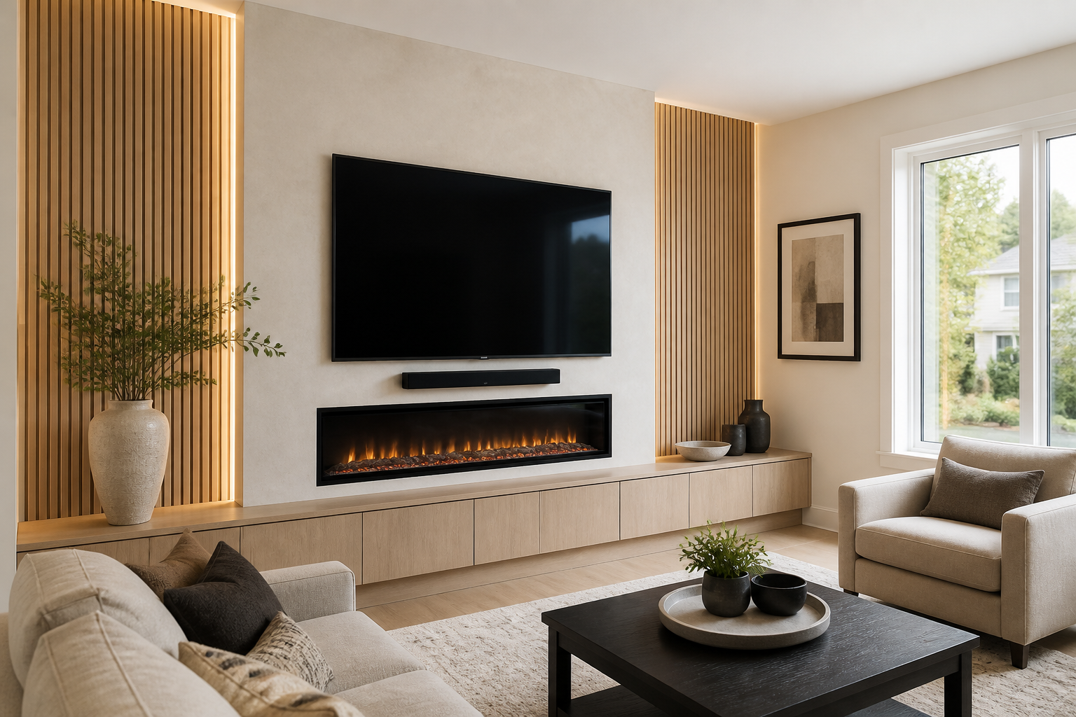 Custom media wall with white oak slat panels built-in cabinetry a mounted TV soundbar and linear fireplace in an Atlanta living room