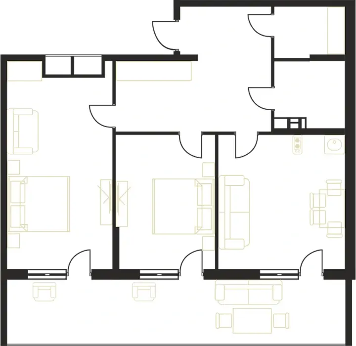 Планировка апартамента 2к с двумя спальнями, площадь 70,7 м²