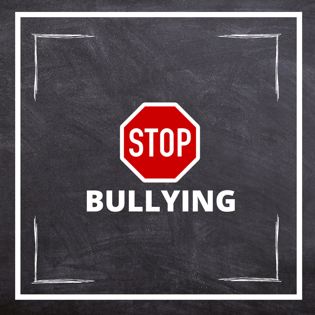 gray square sign with white outlining it with a STOP in an octagon and bullying below