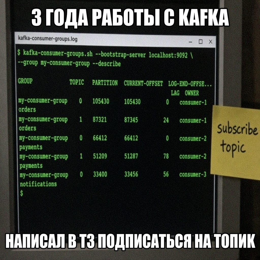 Мем: 3 года работы с Kafka — написал в ТЗ подписаться на топик