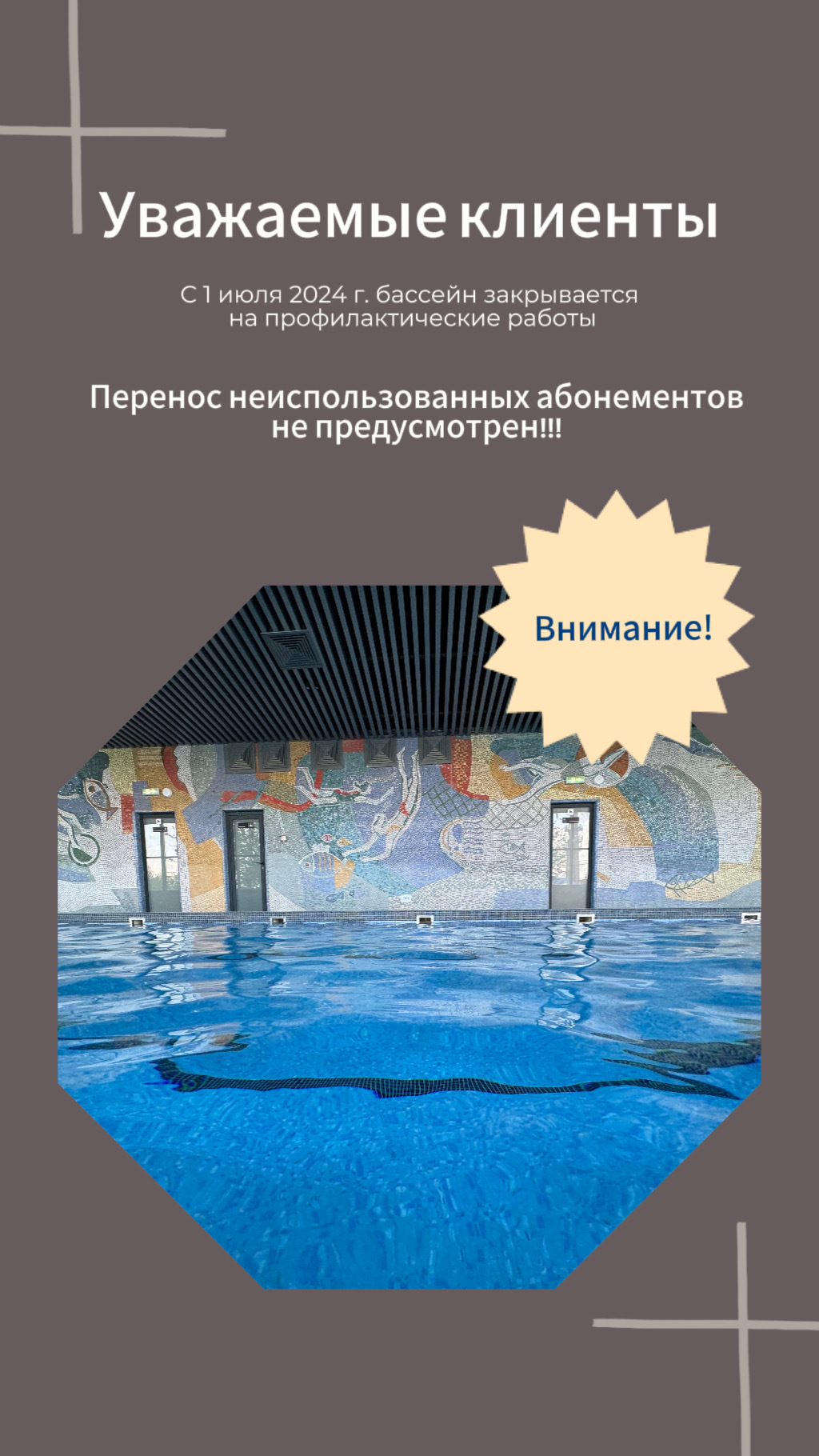 Внимание! С 1 июля 2024 г. бассейн закрывается на профилактические работы.