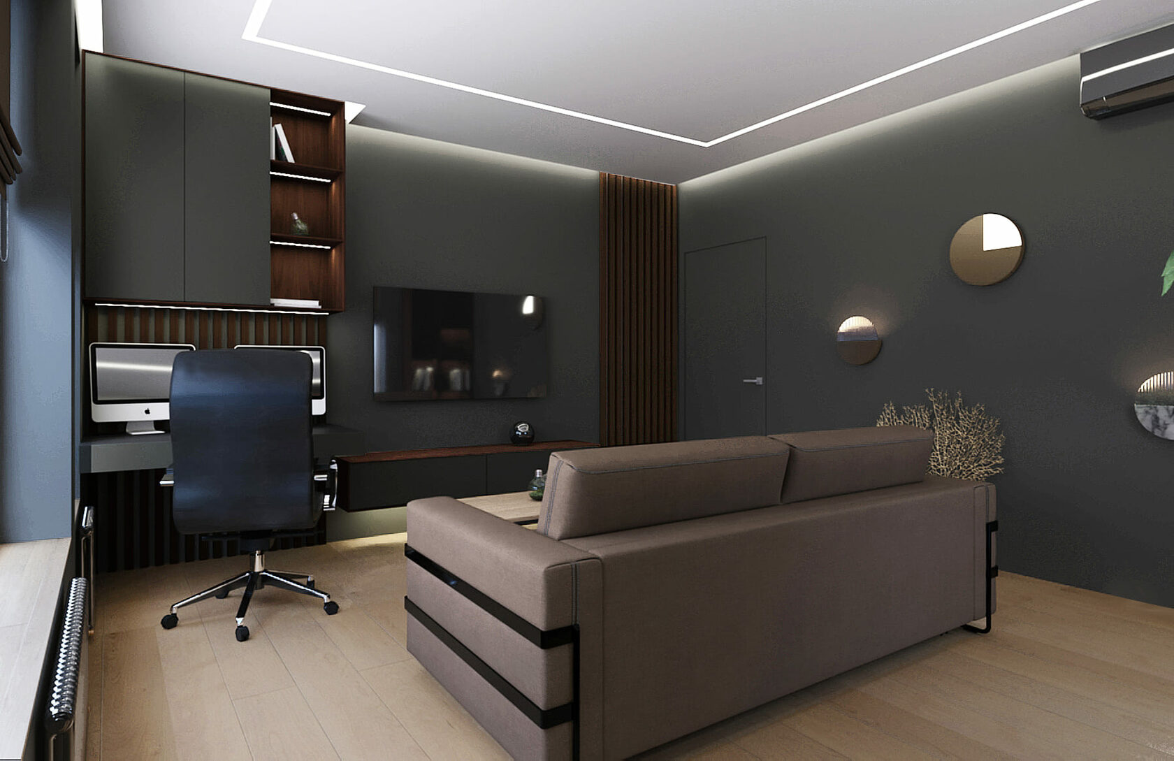 дизайн серой гостиной с инженерной доской на полу, тёмным диваном и линейным светильником