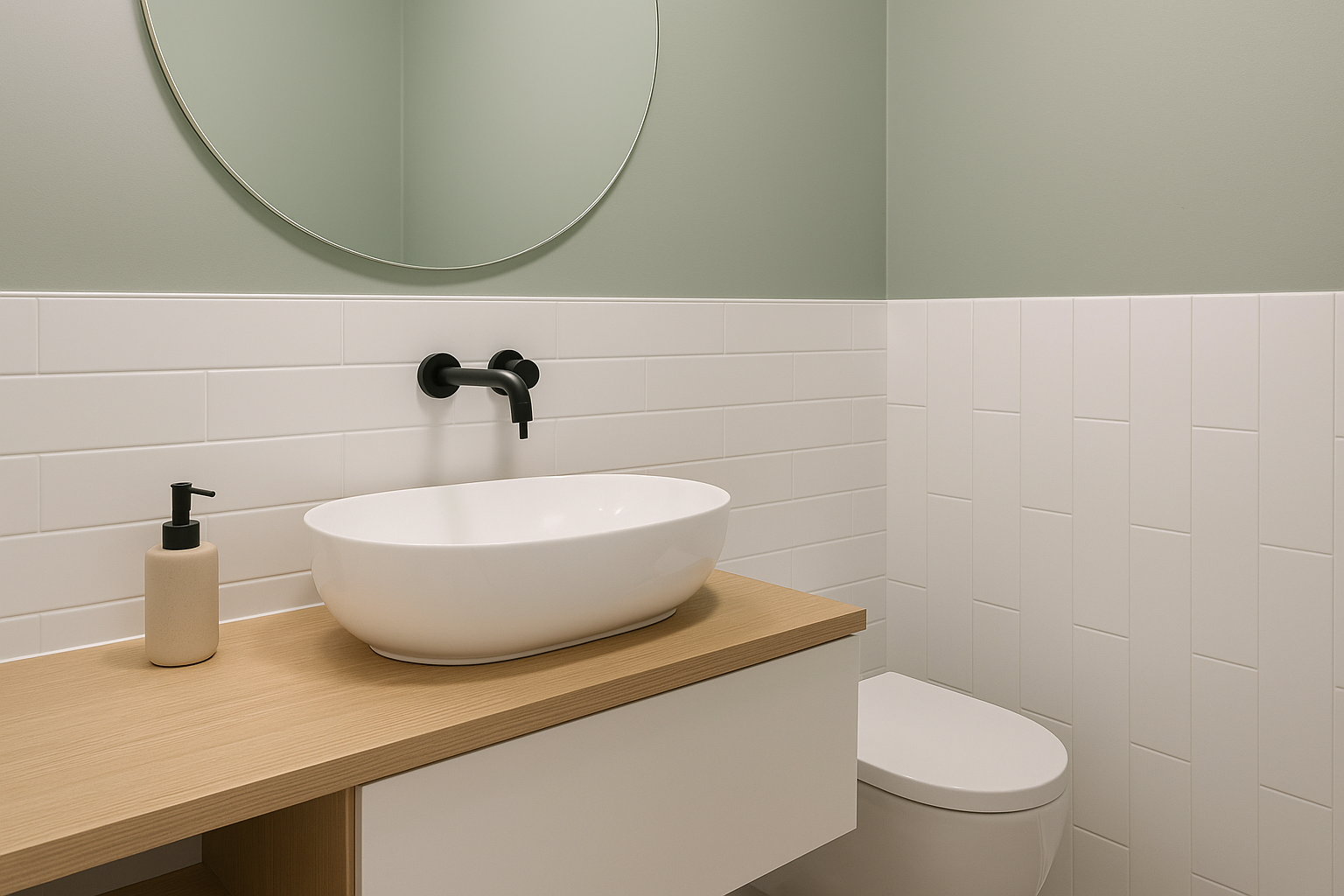 Современная ванная комната: белая плитка в нижней части стен и краска спокойного оттенка сверху