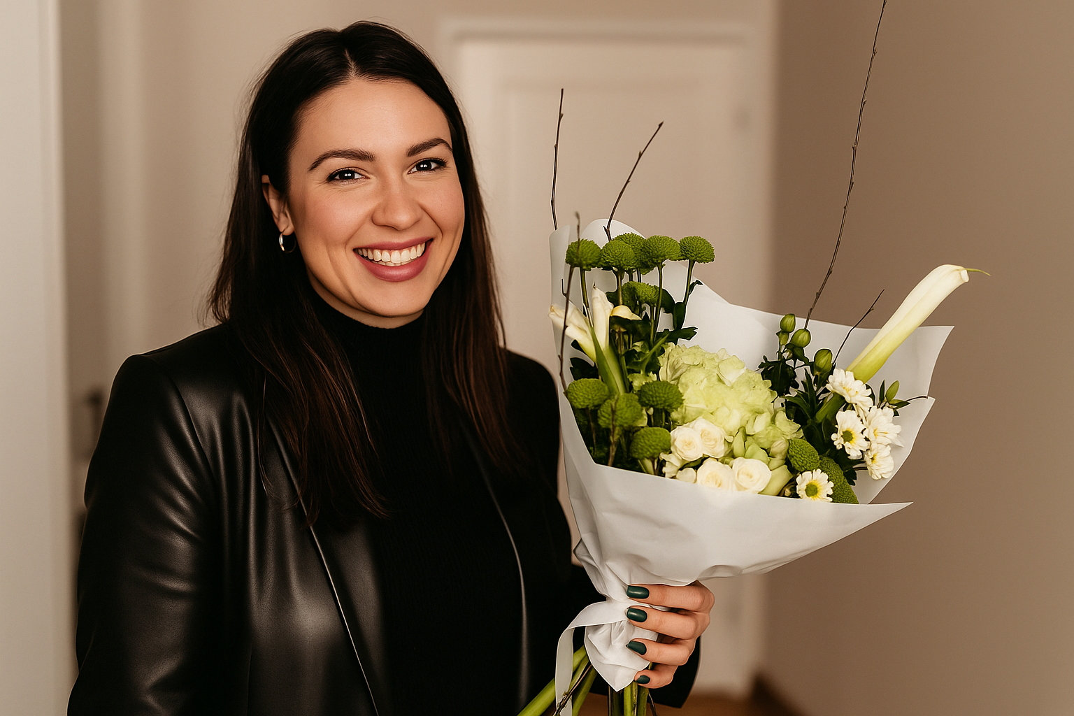 Брюнетка держит белый букет свежих цветов, подобранный флористом