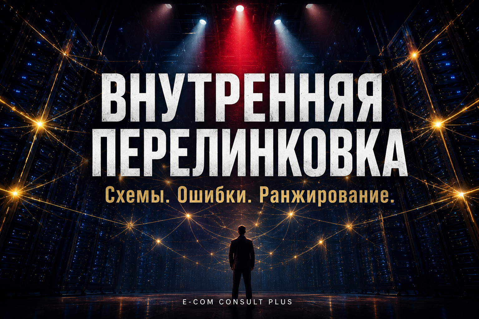 Постер в стиле кинофильма: силуэт мужчины в костюме стоит перед сетью золотых светящихся нитей на тёмном фоне с серверными стойками над ним три прожектора — красный и два белых. Крупный текст: Внутренняя перелинковка. Схемы. Ошибки. Ранжирование. Логотип