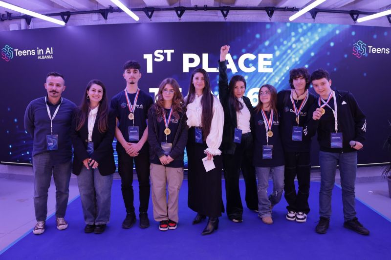 Ina Marku Algorithmics Tirana partner at a Teens in AI Techathon in Albania