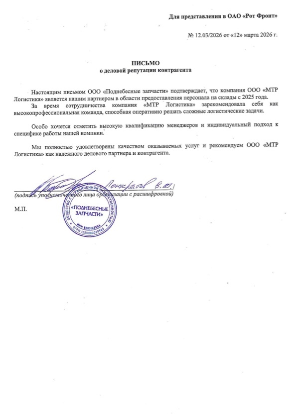 Благодарственное письмо ООО «Поднебесные запчасти»