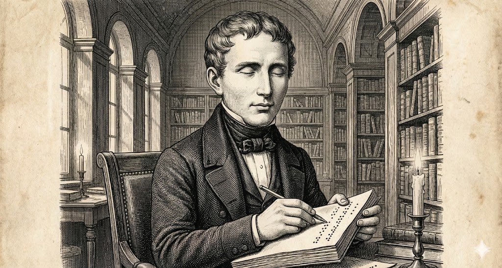 Портрет изобретателя Луи Брайля за работой над созданием тактильного шрифта в 1824 году.