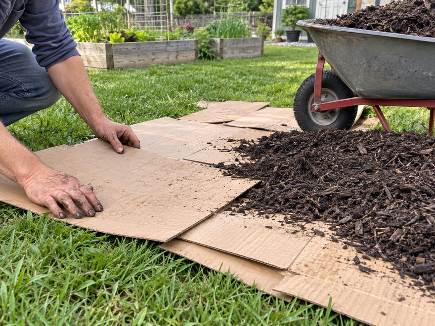 Smothering a grass lawn with cardboard and mulch to prep a native plant bed