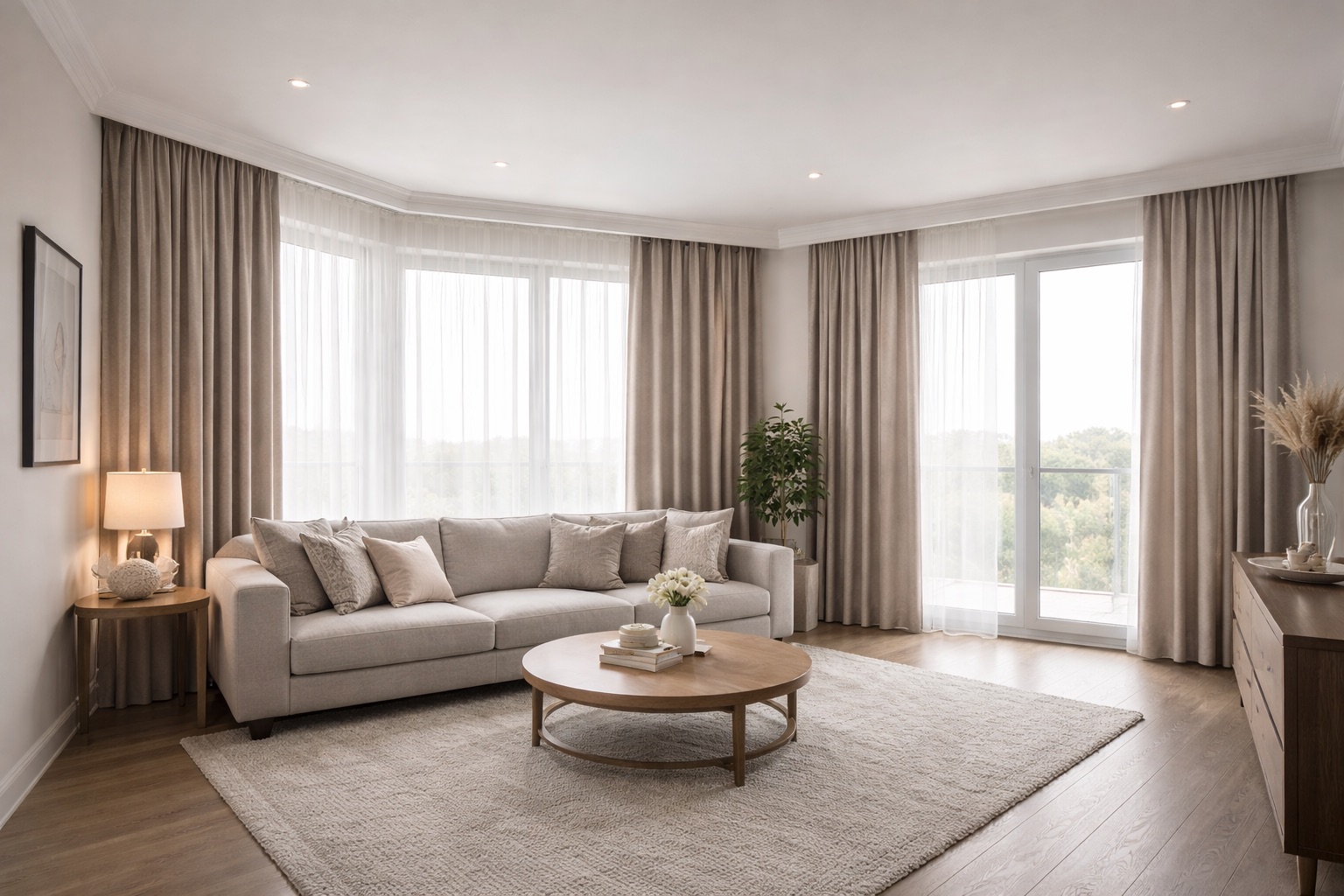 Эркер, шторы на сложное окно