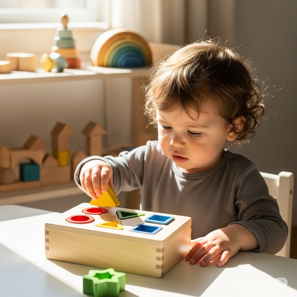 Ребенок играет с качественной деревянной развивающей игрушкой-сортером, купленной оптом в Китае.