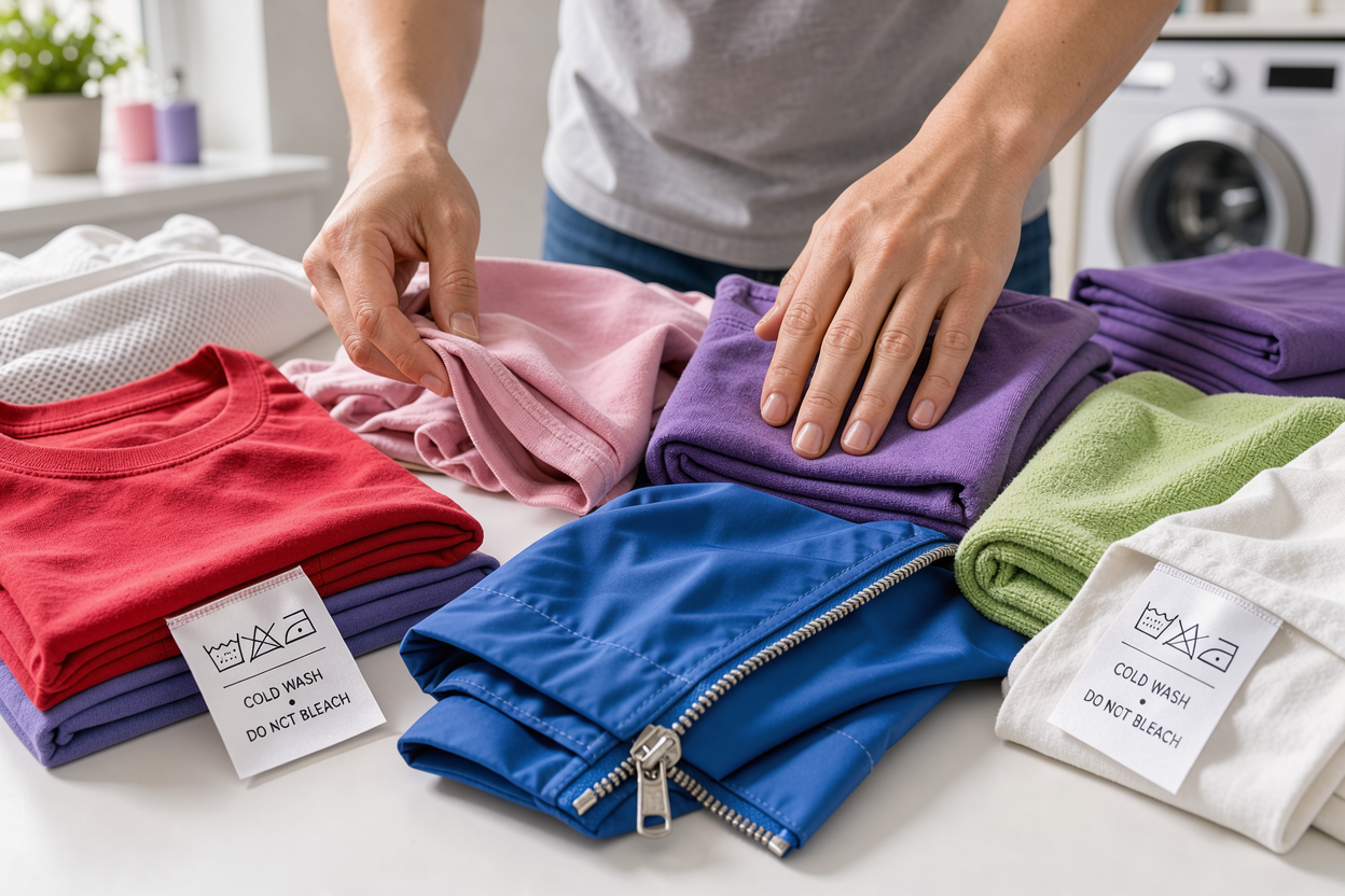 Hands sorting laundry into piles by color and fabric on a table, close-up of care labels and zippers in a bright home environment