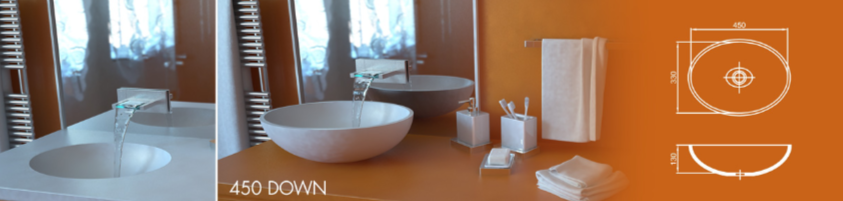 Раковина 450 DOWN из акрилового камня, размеры: ширина 450 мм, глубина 350 мм, высота борта 112 мм. Круглая форма, схема параметров и монтажа.