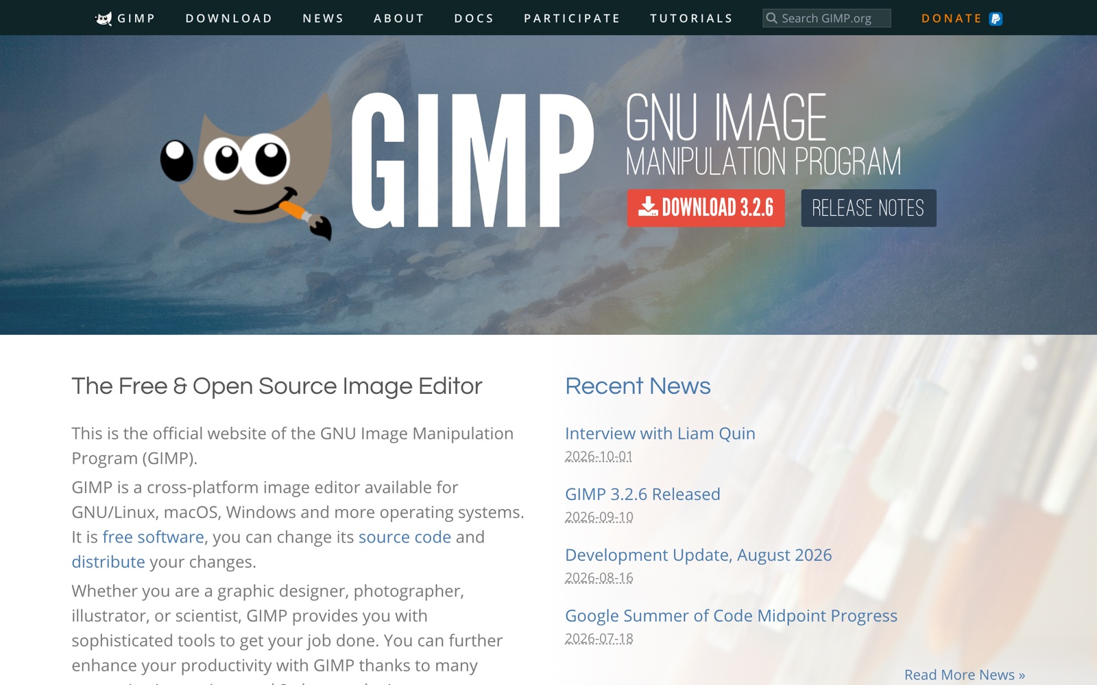 GIMP homepage screenshot: free open-source image editor