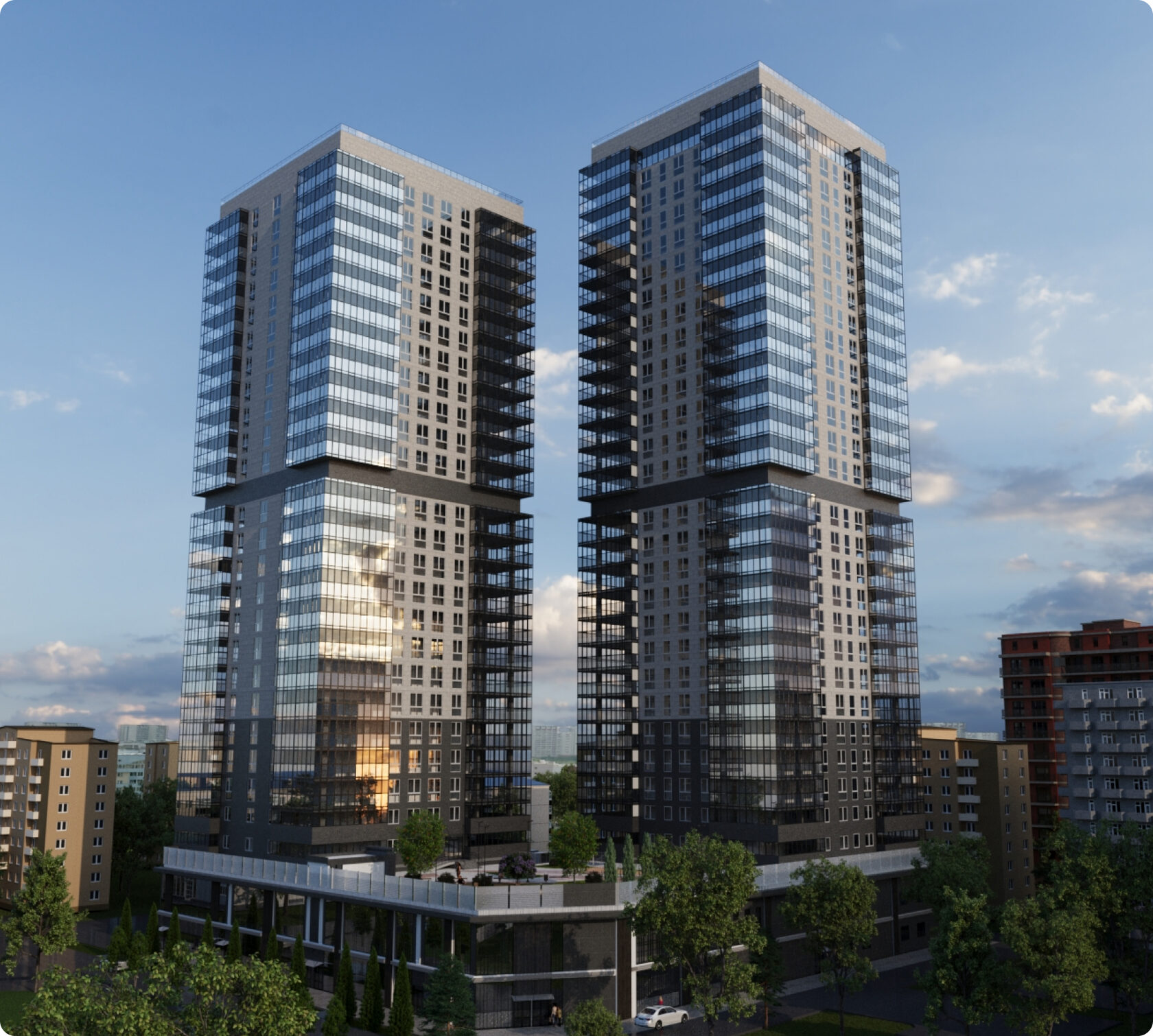 Высотная новостройка, 27 этажей квартир в двух небоскребах в центре Калуги