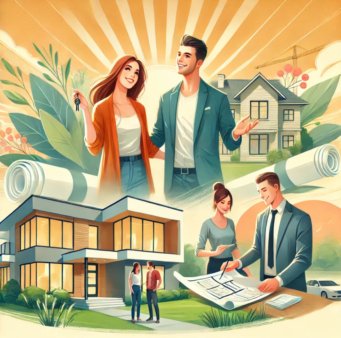 A graphic illustration depicts a happy couple in front of their newly purchased house