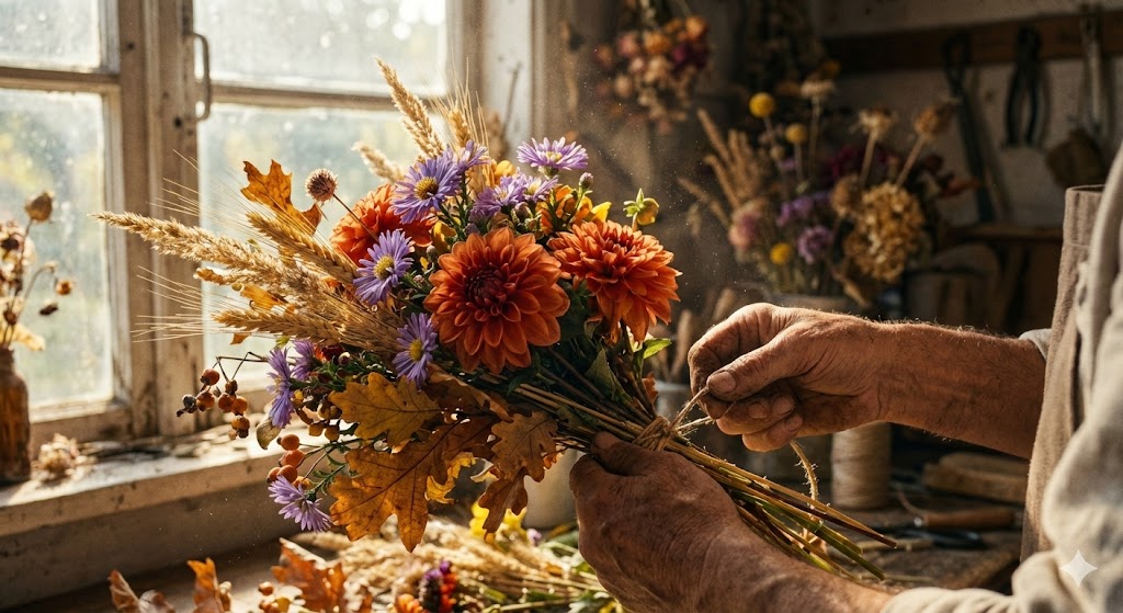 Флорист собирает яркий осенний букет из георгинов и астр в мастерской