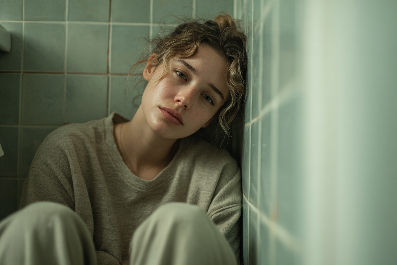 Эмоциональный портрет женщины с признаками тошноты, стоящей у кафельной стены, в естественном освещении. Лицо бледное, с выражением усталости и недомогания, передающее симптомы токсикоза