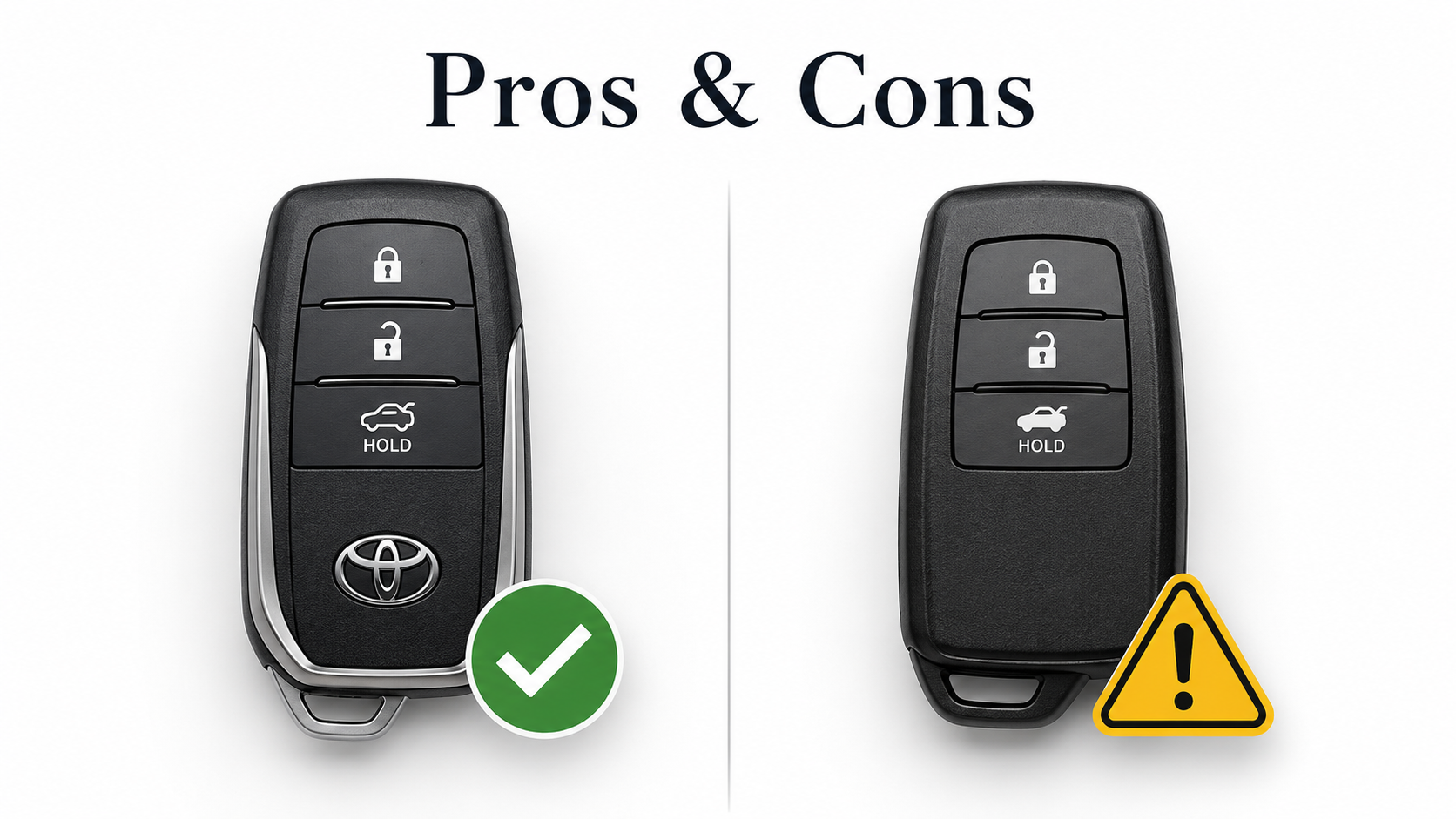 Pros and Cons of Using Aftermarket Keys – Split comparison showing OEM original car key with green checkmark versus aftermarket key with warning icon