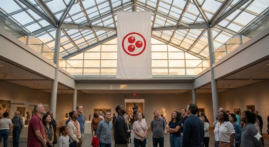 Посетители музея перед Знаменем Мира в Международный день культуры 15 апреля