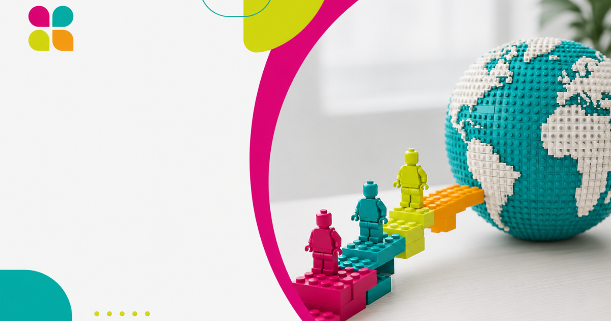 Three colourful LEGO-style figures follow a shared path toward a brick-built globe, symbolising global alignment.