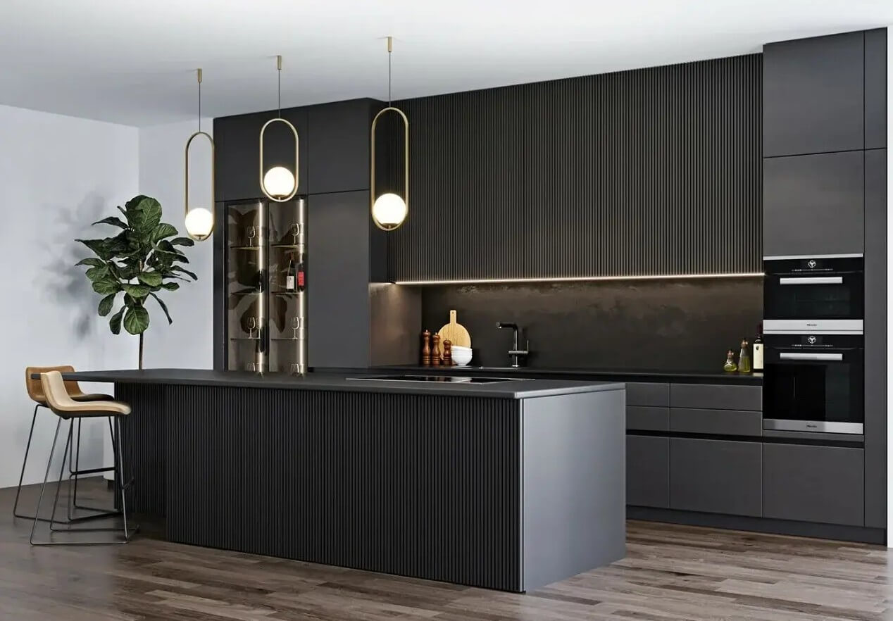 Благородная черная кухня с сервантом и барной стойкой Обнинск