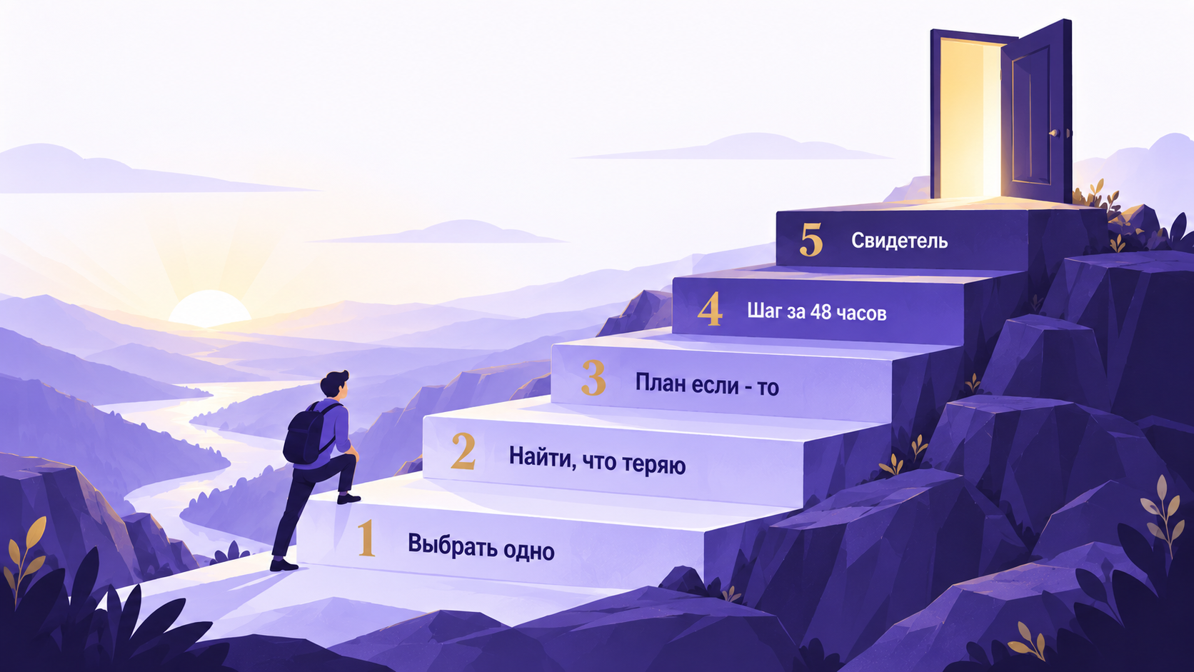 Лестница из пяти шагов от знания к действию с дверью наверху