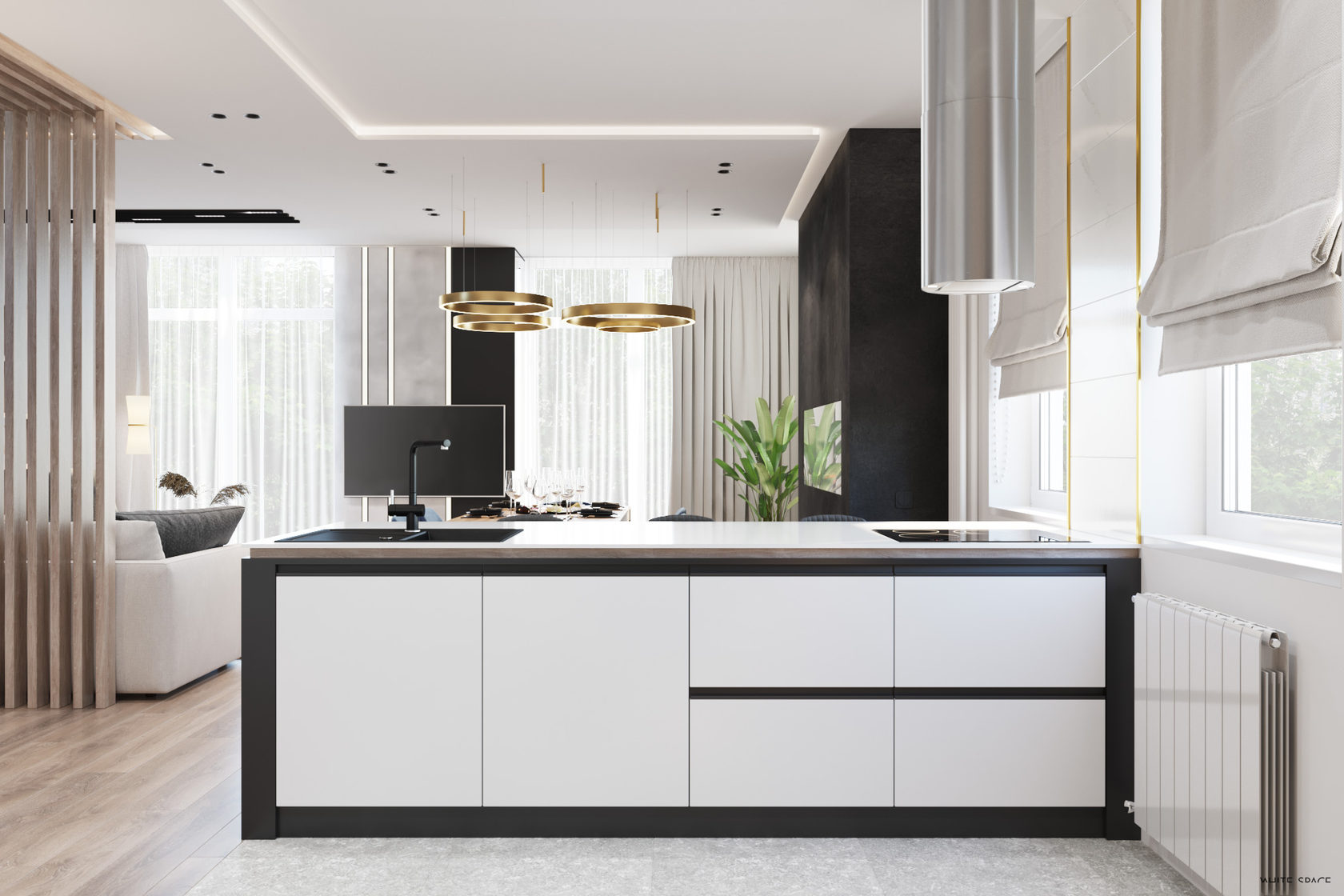 Cuisine intérieure maison moderne avec îlot central et hotte design
