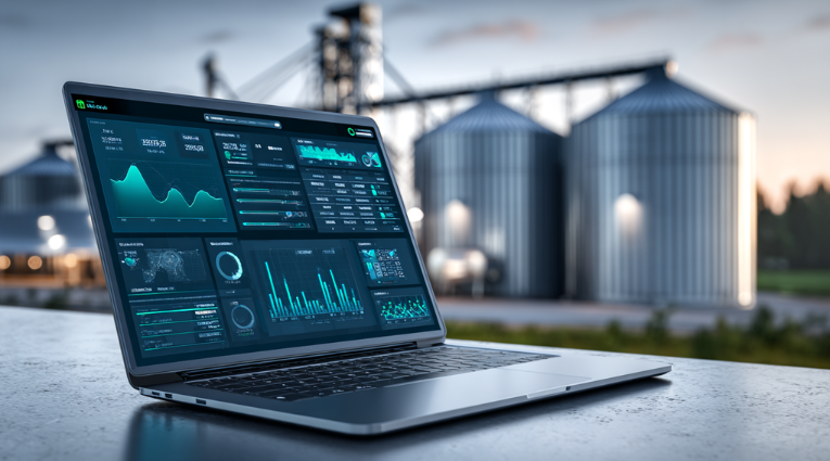 Ноутбук с открытой цифровой панелью аналитики и графиками мониторинга зерна на экране на фоне зернохранилищ и силосов, символизирующий систему учета и контроля оборота зерна.