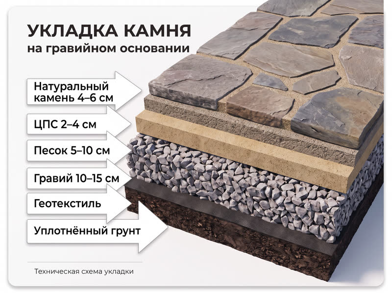 Схема укладки камня на гравийном основании: камень 4–6 см, ЦПС 2–4 см, песок 5–10 см, гравий 10–15 см, геотекстиль, уплотнённый грунт