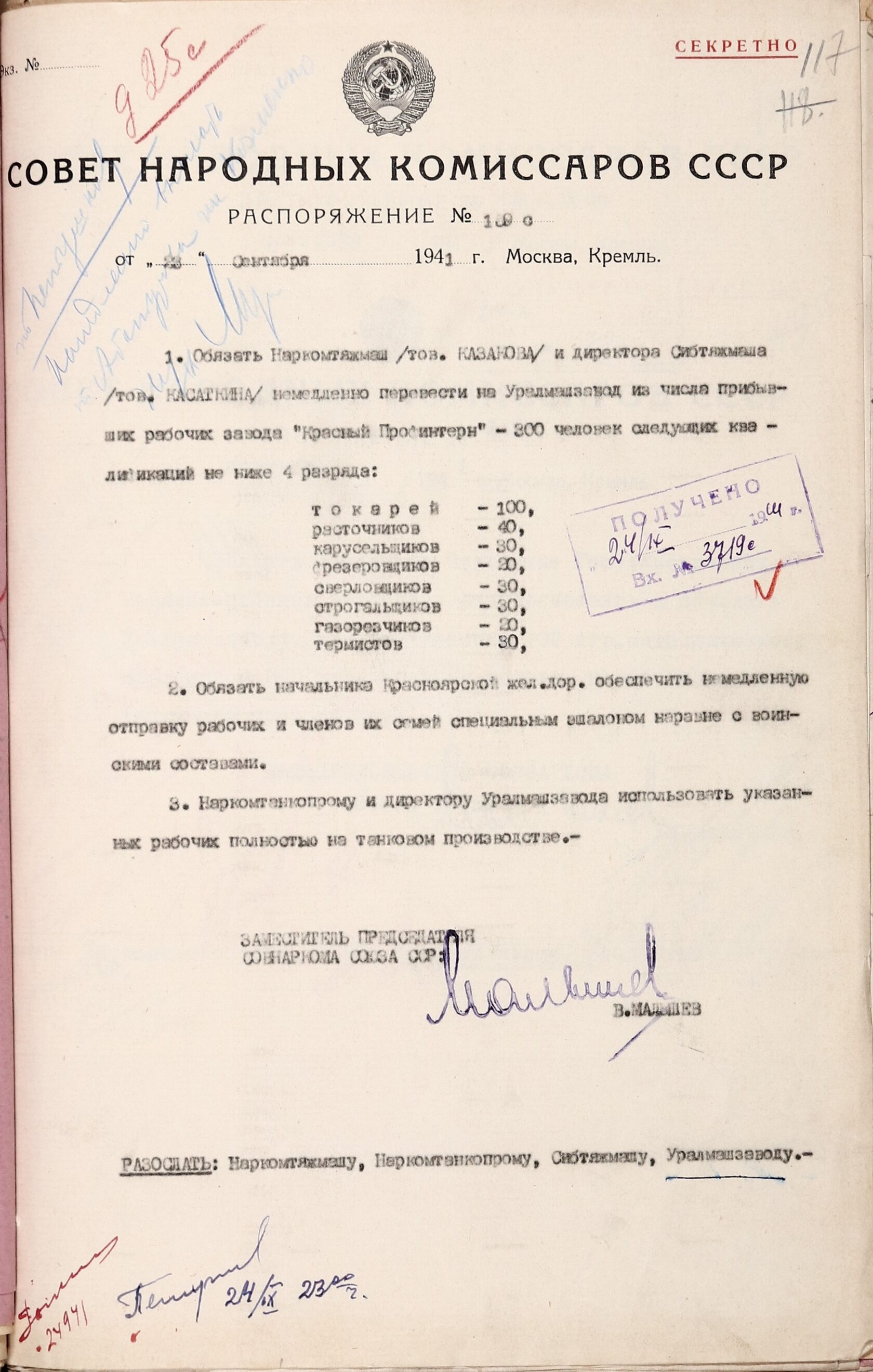 Распоряжение Совета народных комиссаров СССР № 159с о переводе на Уралмашзавод 300 рабочих завода «Красный Профинтерн» для использования на танковом производстве. 23 сентября 1941 г. 
