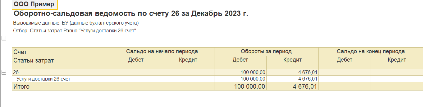 1С Комплексная автоматизация (ERP) 2: оборотно-сальдовая ведомость по счету 26 с отбором по статье расходов.