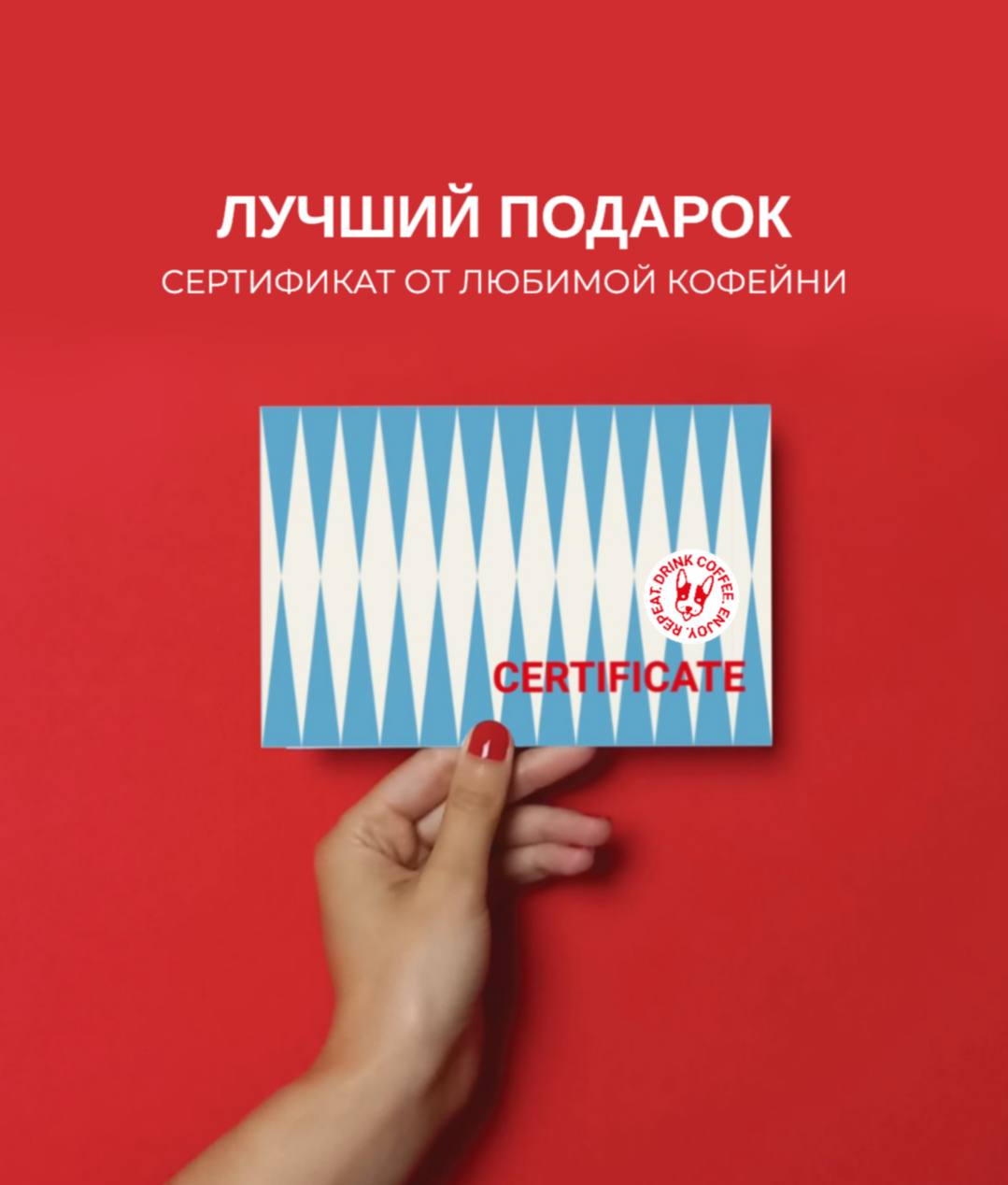 Настоящий подарочный сертификат Кофетерии: голубой узор со светлыми ромбами, красная надпись и логотип