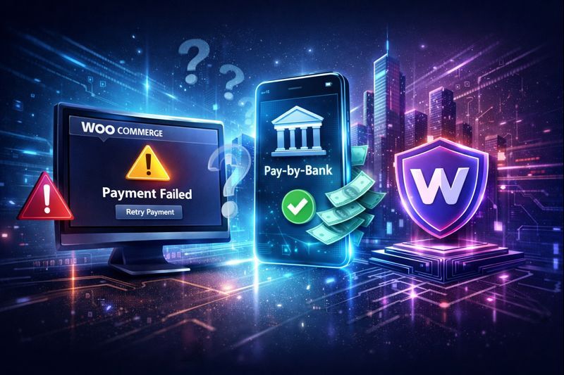Futuristic illustration showing a WooCommerce payment failure contrasted with a successful pay-by-bank flow, highlighting how Wallid improves payment confirmation reliability