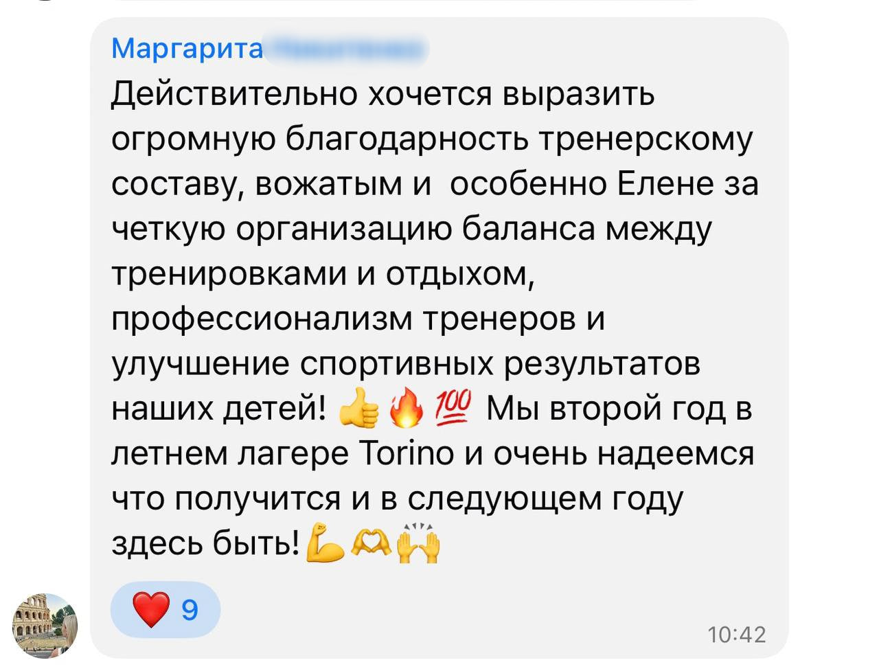 Сообщение родителя об организации программы Академии Торино