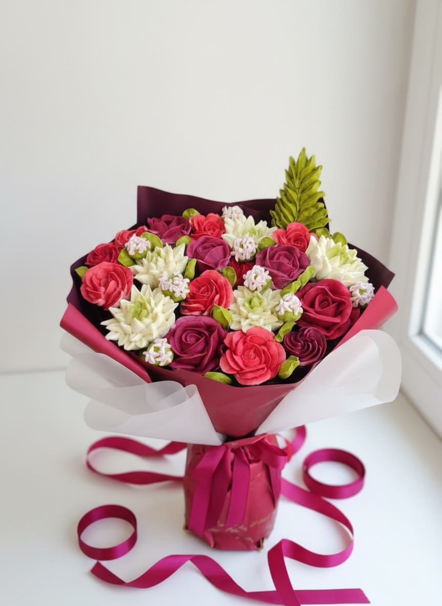 Букет из роз, бутонов, хризантем ,листьев папоротника из зефира VIP №5 1