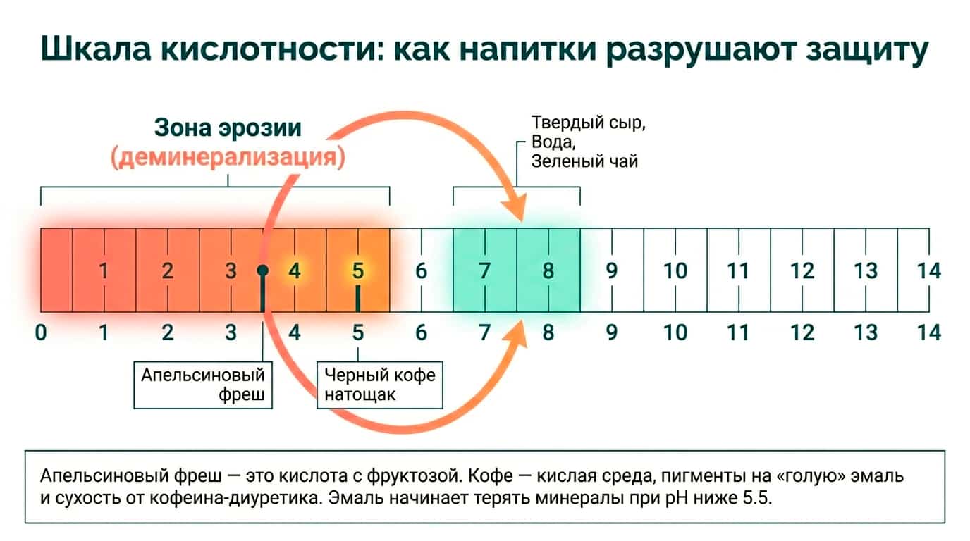 Шкала кислотности сыра, апельсинового фреша, черного кофе