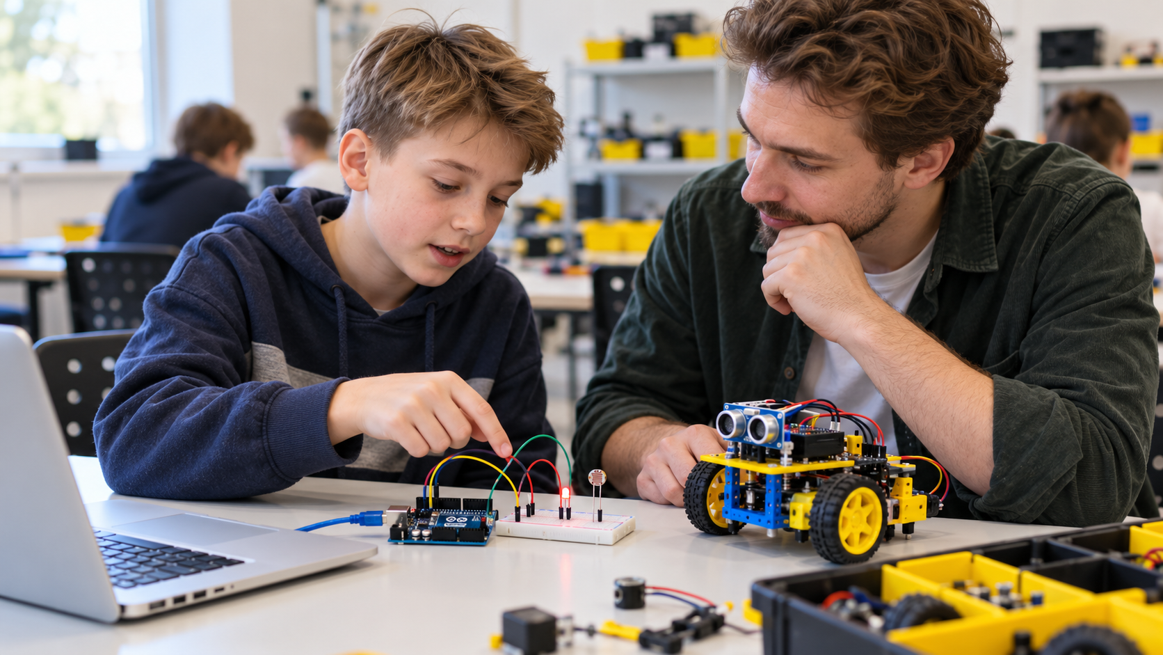 Иллюстрация: школьник с наставником проверяет учебный робот на Arduino в светлом классе.