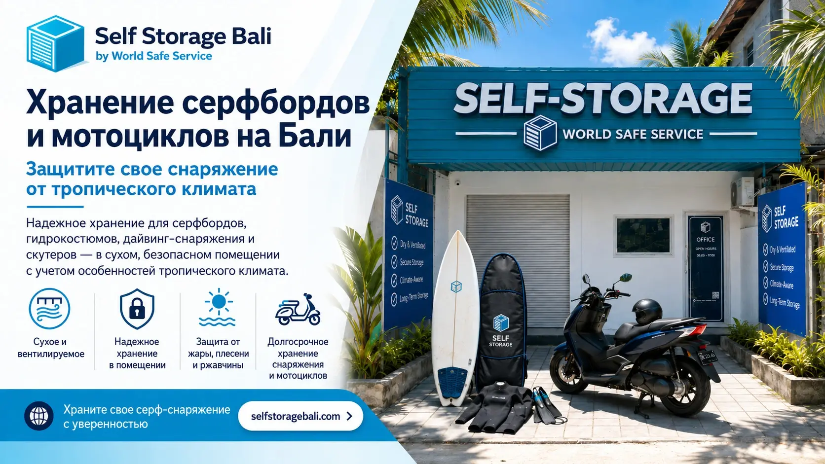Фасад склада Self Storage Bali с климат-контролем где безопасно хранятся мотоцикл серфборд в чехле гидрокостюм и ласты