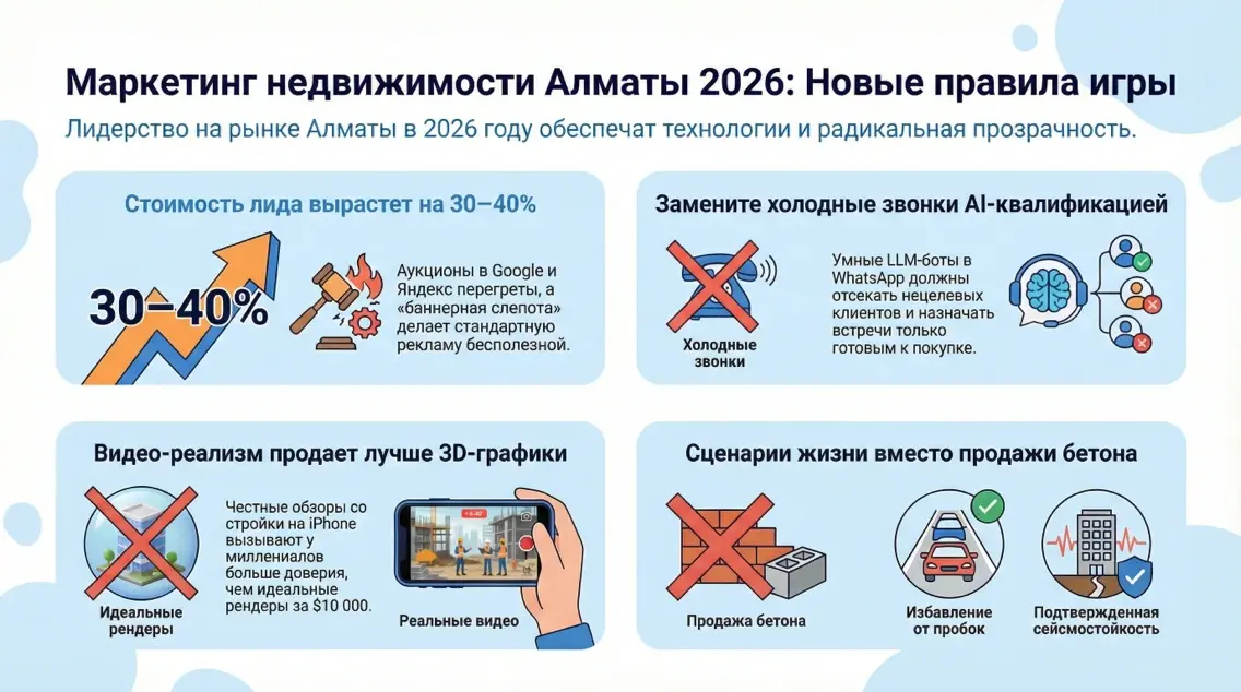 Инфографика: четыре ключевых правила маркетинга недвижимости алматы 2026, включая ai-квалификацию и видео-реализм.