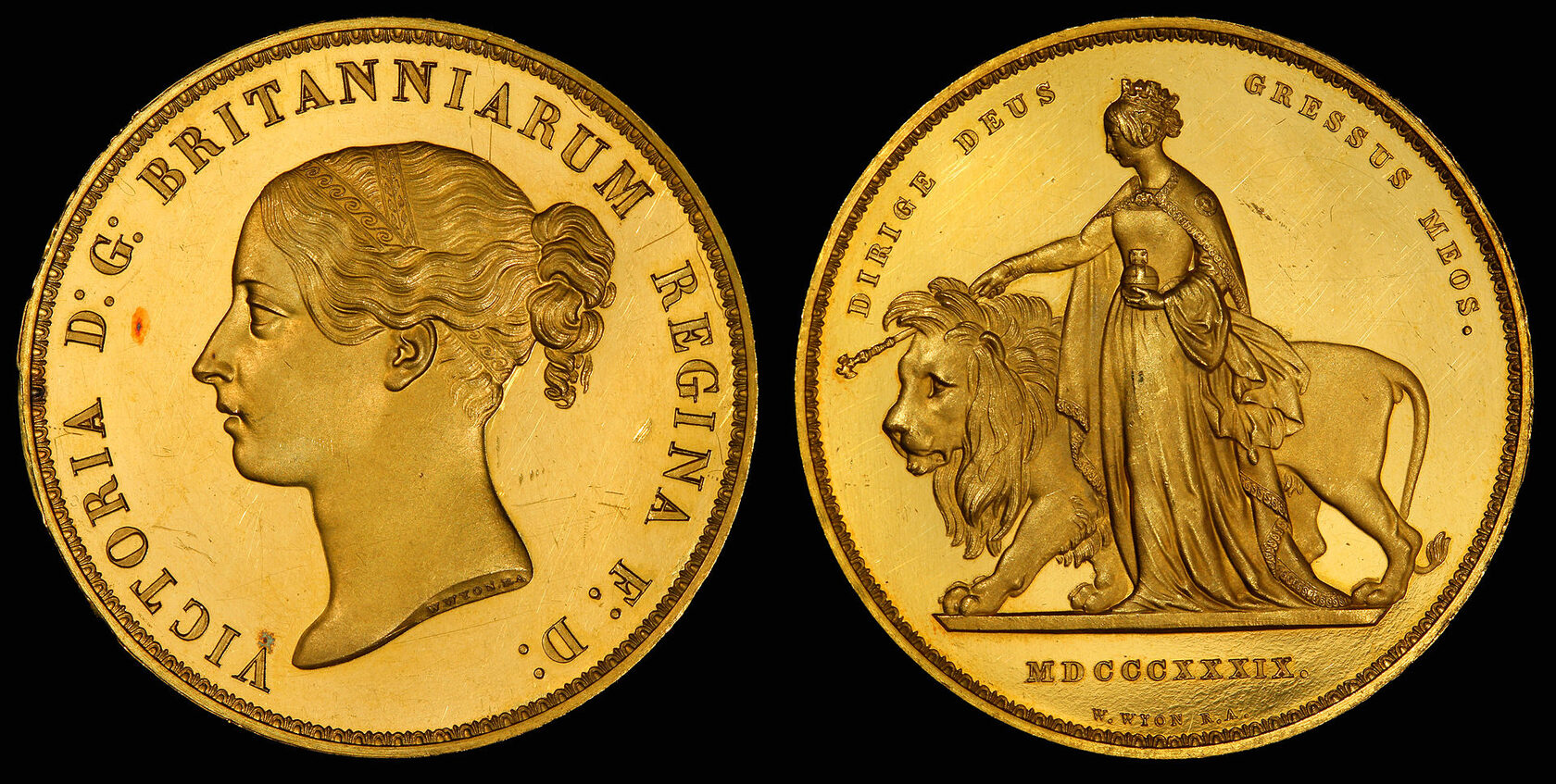 Британская золотая монета в 5 фунтов стерлингов, У.Вайон, 1839 г.